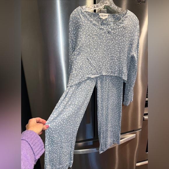 Bobbie Wren BLUE Floral TOP/PANTS SET rayon Vneck cropped minimal prairie set S - Picture 6 of 16